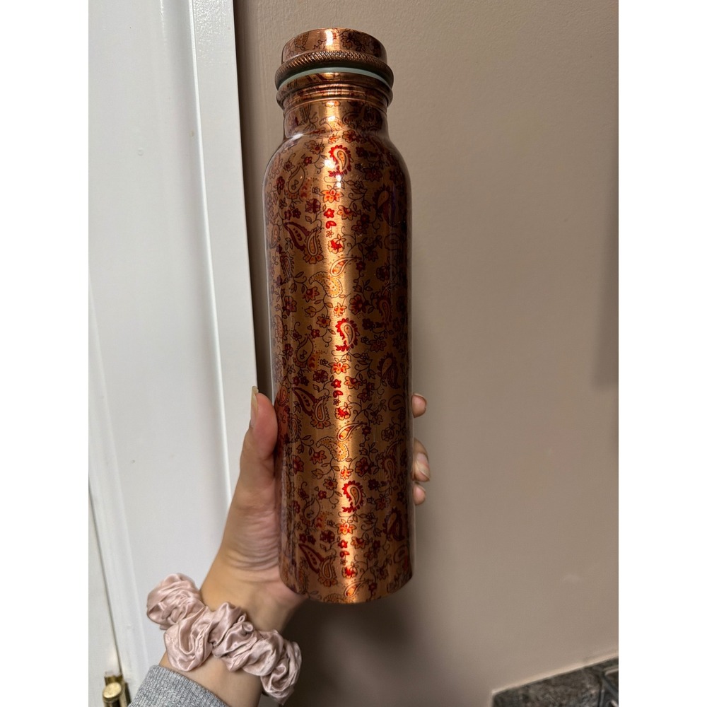 Hand Beaten Copper Water Bottle Paisley Floral Etched Design Ayurvedic Vessel